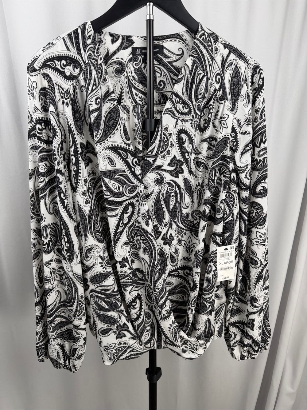 INC International Concepts Black and White Paisley Wrap Blouse